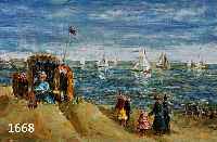 UNGER, WOLFGANG HEINZ, GEB. 1929 HALLE, VIELFIGURIGE SZENE AM STRAND, ÖL/HARTFASER, RE. U. SIGN., CA. 24 X 30 CM, R.