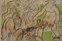 Steigerwald, E., zwei Riesen am Feuer, aquarellierte Zeichnung, re. u. monogr., ca. 17 x 24 cm, PP, u.Gl., R.