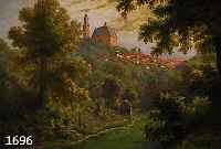MOHR, JOHANN GEORG, 1864-1943 FRANKFURT/M. DARSTELLUNG EINER BURG ÜBER KLEINER STADT IN HÜGELIGER LANDSCHAFT, ÖL/MALKARTON, RE. U. SIGN., CA. ...