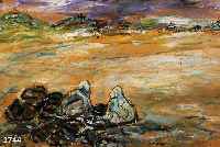 DILL, OTTO, 1884 NEUSTADT-1957 BAD DÜRKHEIM, INS GESPRÄCH VERTIEFTE BEDUINEN IN DER WÜSTE, IM HINTERGRUND OASE, ÖLSKIZZE AUF PAPIER, RE. U. ...