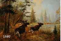 THEGTMEIER, MITTE 20.JH., ELCHE AN EINEM WALDSEE, ÖL/LWD, SIGN. U. RE., 50 X 70 CM, R.