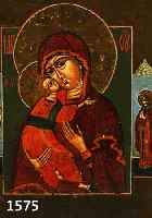 IKONE, RUSSLAND, UM 1870-80, GOTTESMUTTER WLADIMIRSKAJA MIT ZWEI RANDHEILIGEN, TEMPERA AUF HOLZ, RESTAURIERT, CA. 29 X 24 CM, MIT EXPERTISE ...