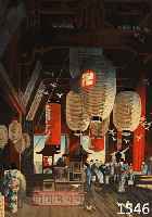 Drei Farbholzschnitte, Japan, um 1935-45, In der Markthalle, zwei Straßenszenen am Abend je ca. 33.5 x 23 cm, PP, u.Gl., R.