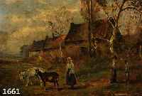 REINHARDT, BÄUERIN MIT ZWEI ZIEGEN VOR DEM GEHÖFT, ÖL/HARTFASER, RE. U. SIGN., CA. 50 X 60 CM, R.