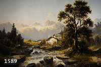 UNBEKANNTER MALER, DEUTSCH, UM 1880, GEHÖFT AN REISSENDEM BACH VOR HOCHGEBIRGS- KULISSE, ÖL/LWD (MIT EINER RESTAURIERTEN STELLE), FEINE ...