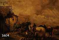 Unbekannter Maler, nach Heinrich BÜrkel, um 1880-90: Beim Hufschmied, Öl/Lwd, auf Holz aufgezogen, im mittleren unteren Teil laien- haft ...