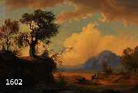 UNBEKANNTER MALER DES 19.JH., REITER MIT BEGLEITER IN IDEALISIERTER LANDSCHAFT, FEINE LASIERENDE MALEREI, RE. U. MINIMAL BESCH., UNSIGNIERT, CA. ...