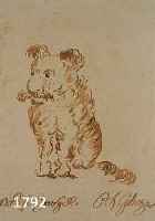 Ghezzi, Pier-Leone, 1674-1755: Sitzender Hund, braune Tusche auf Papier, karikierend, re. u. sign., li. u. betitelt (unleserlich: Uno del B...), ...