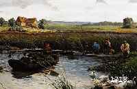 MÜhlbach, Peter, geb. 1957 Lindau, Bodensee- maler, Schilfschnitter am See, Öl/LWd, re. u. sign., ca. 43 x 66 cm, R.