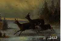 VOLZ, HERMANN, BIBERACH 1814-1894, SPRINGENDE REHE, ÖL/LWD, FEINE LASIERENDE MALEREI, ALTERSBEDINGT KRAKELIERT, LI. U. SIGN. UND DAT. 79, CA. 26 ...