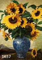 BLUMENMALER 2. HÄLFTE DES 20. JHD., SONNEN- BLUMENSTRAUß IN STEINGUTVASE, ÖL/LWD., UNLES- ERL. SIGN., 70 X 60 CM, R.