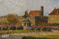 CZERMAK, GISELA, GEB. 1871 IN WIEN - 1956, SOMMERLICHER PARK MIT BLÜHENDEN BÜSCHEN, SPAZIERGÄNGERN UND REITERSTATUE VOR STADT- KULISSE (WOHL ...