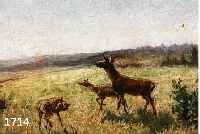 JAGDMALER DES 19. JHD., RICKE MIT IHREN KITZEN AUF EINE LICHTUNG TRETEND, ÖL/LWD./MAL- KARTON, SCHWER LESBAR SIGN., LI. AUF DEM FELS- EN C. ...