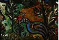 JOOS, MOSER, NAIVE KÜNSTLERIN, TÄTIG UM 1960, VERTRETERIN DER ART BRUT, EXPRESSIVE PHANTASTISCHE LANDSCHAFT MIT PARADIESVOGEL, ÖL/GROBER LWD., ...