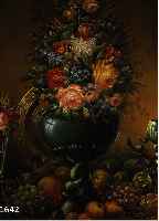 UNBEK. KÜNSTLER DES 18./19. JH., SEHR DEKORATIVES BLUMENSTILLEBEN, MIT FRÜCHTEN REICH DEKORIERTER TISCH MIT BLUMENVASE MIT NAUTILUSFUSS, ...