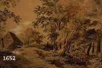 TEN BERGE, BERNARDUS GERARDUS, 1825 ALKMAAR- 1875, WALDLANDSCHAFT MIT HÜTTE, AQUARELL IN VERSCH. BRAUNTÖNEN, LI. U. MONOGR. UND DAT. 1843, CA. ...