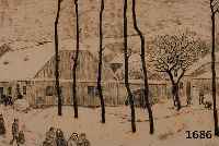 Orlik, Emil, 1870-1932, Dorf im Winter, Personen beim Spaziergang, Radierung, re. u. sign., ca. 29 x 35 cm, u.Gl., R., stockfleckig