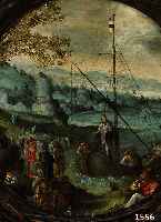 Unbekannter flÄmischer Meister, um 1560, Christi Predigt am See Genezereth, feine lasierende Malerei in Öl/Papier/Karton, mittig unten ...