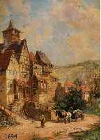 RITTER, WILHELM, DRESDEN 1850-1926, FUHRWERK UND BÄUERIN VOR STADKULISSE, RÜCK- SEITIG AUF DEM KEILRAHMEN BEZ.: MOTIV AUS WÄCHTERSBACH, ...