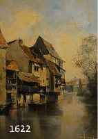 IMPRESSION. LANDSCHAFTSMALER, MITTE 20. JH., HÄUSERZEILE IN EINER KLEINE STADT AM FLUSS, ÖL/HARTFASER, UNLESERL. SIGN. H..., 50 X 40 CM, R.