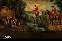 KIENBÖCK, R., JAGDMALER DES 19./20. JH., FUCHSJAGD, REITER MIT HUNDEMEUTE AM BACH BEIM STELLEN DES FUCHSES, ÖL/HOLZ, SIGN., CA. 15.5 X 31.5 CM, ...