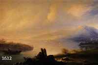 ROMANTIKER UM 1846, GEBIRGSSEE IM MORGENDLICHEN NEBEL MIT RUDERBOOT UND PERSONENSTAFFAGE, FEINE, QUALITÄTVOLLE MALEREI, ÖL/LWD., DAT. 1846, 62 X ...