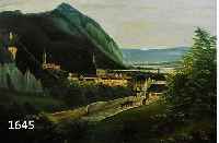 UNBEK. KÜNSTLER DES 19. JH., IN BIEDER- MEIERLICHER TRADITION, LANDSCHAFTSDARSTELLUNG MIT STADTANSICHT AM FUSSE EINES BERGES MIT ...