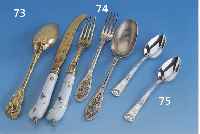 Messer, Gabel, LÖffel, Meissen/Augsburg um 1735/40, Arbeitsteile 13-lÖtig vergoldet, Rokokostil, Messer- und Gabel- griff Meissen zw. 1735/40, ...