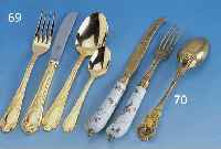 Messer, Gabel, LÖffel, Meissen/Augsburg um 1735/40, Arbeitsteile 13-lÖtig vergoldet, Rokokostil, Messer- und Gabel- griff Meissen zw. 1735/40, ...