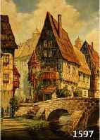 BRÜGGEMANN, HERMANN, GEB. 1884 IN BERLIN, BLICK AUF FACHWERKALTSTADT AM FLUSS HINTER EINER ANSICHT DER ALTSTADT VON NÜRNBERG, STEINBRÜCKE MIT ...