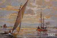BURGHARDT, PAUL, GEB. 1898 IN DÖBELN I. SA. , SCHUF ZAHLREICHE HAFEN UND MARINEBILDER, MEHRERE SEGELBOOTE, AM HORIZONT EIN DAMPFER VOR DER ...