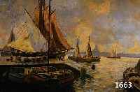 DEDERICHS, JOSEF, KÖLNER KÜNSTLER, NACHGE- WIESEN NOCH UM 1930, HAFEN MIT SEGELBOOTEN, IM HINTERGRUND DIE SILHOUETTE EINER STADT, ÖL/LWD SIGN., ...