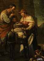 ITALIEN. MEISTER DES 17. JH., ELTERNPAAR MIT BEPACKTEM ESEL IN LANDSCHAFT, WOHL DIE HL. FAMILIE DARSTELLEND, ÖL/LWD., 65 X 51 CM, R.