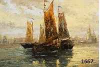 VON STAADEN, HOLLÄNDISCHER KÜNSTLER MITTE 20. JH., FISCHBOOTE VOR STADTKULISSE IN DER MORGENDÄMMERUNG, ÖL/LWD. SIGN. 50 X 100 CM, R.