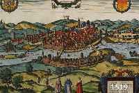 PRACHTVOLL KOLOR. KUPFERSTICH AUS BR. U. HOGENBERG, CA. 1575, SCHWÄBISCH HALL ÜBER DIE KOCHER "HALA AD COCHARUM", 32,3 X 48 CM, ...