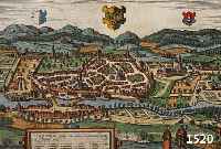 KONVOLUT AUS 2 BLATT, KEMPTEN/ALLGÄU U. UM- GEBUNG, BESTEHEND AUS 1.) KOLOR. KUPFERSTICH AUS BR. U. HOGENBERG, CA. 1580 GA AUFSICHT VON KEMPTEN, ...
