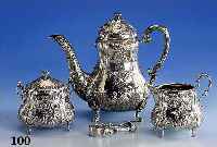 3-teil. Mokkaservice, 830er Silber, deutsch oder Niederlande um 1880/1900, mit Watteauszenen, Barockszenen, ca. 666 g, best. aus: Kanne (H ca. ...