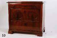 KOMMODE, DEUTSCH, UM 1870, MAHAGONI FURNIERT, 3 SCHUBLADEN, RESTAURIERT, FURNIERAUSBESSERUNGEN, SEITLICHE SPANNUNGS- RISSE, AN RÜCKWAND RESTE ...