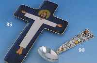 Wandkreuz, deutsch ca. 50er Jahre, Kupfer vergoldet, bunt emaill. in Cloisonnee- technik, teils transl., Jesus in Kreuzhaltung u. Totenhemd, ...