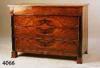 EMPIREKOMMODE, PFALZ, UM 1810, KORPUS WEICH- HOLZ, WURZELNUßFURNIER GESPIEGELT, SEHR SCHÖNE MASERUNG, GESCHWÄRZTE LISEHNEN, 4-SCHÜBIG, MIN. ...