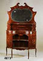 Buffet, England, um 1900, Mahagonifurnier mit Blumenintarsien, Spiegeleinsatz facettiert , abgerundete Seiten, elegante Form, alters- bedingte l. ...