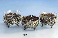 3 SalzschÄlchen, Schleisner Hanau um 1900, reiner Jugendstil, 800er Silber, vergoldet, plastisches Misteldekor, 2 Orig.GlaseinsÄtze, L. ca. 5 cm