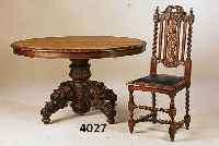 RUNDER EßTISCH MIT 6 STÜHLEN, BELGIEN, 1890- 1900, EICHE MASSIV, REICH GEDRECHSELT, SCHNITZEREI AUS DEM VOLLHOLZ, FRÜHBAROCKSTIL, FRÜCHTE UND ...
