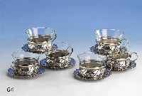 6 Teetassen mit Untertassen, Spanien um 1950/60, 800er Silber, Rosendekor, graviert, GlaseinsÄtze Orig., H ca. 7 cm, D ca. 9 cm