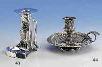 Kerzenleuchter, Metall versilbert, um 1900, Eulendarstellung mit 2 TÜrkisen, gefÜllt, H ca. 12.5 cm, Meistermarke OBE