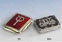 Zigarettenetui mit Eamil, Pforzheim um 1900, 935er Silber, vergoldet, Meistermarke Franz Bemberg, Deckelgrund guill., transluid rot emailliert, ...