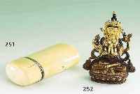 Buddha, Tibet 19. Jh., Gelbguß vergoldet, sogn. Manyushri (Gott der Barmherzigkeit), partiell vergoldet, in stiltyp. Manier, rot- schwarz ...