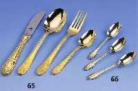 Besteck fÜr 12 Personen, Metall 24 kt vergoldet, Barockstil, Solingen, best. aus: 12 Messer, 12 Gabeln, 12 LÖffel, 12 KaffeelÖffel, 12 ...