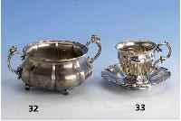 Tasse mit Untertasse, SchwÄbisch-GmÜnd um 1850, 13-lÖtig, Barockstil, leicht verbeult, H ca. 10 cm