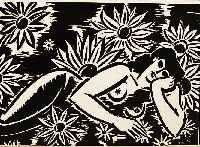 Masereel, Frans, 1889 - 1972, Liegende im Blumenbeet, Holzschnitt, handsign. und dat. 1951, bez.: Fleurs, num. 162/200, ca. 27 x 42 cm